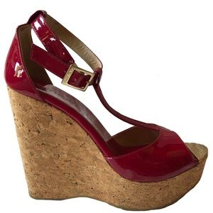 Jimmy Choo red patent cork heels.
